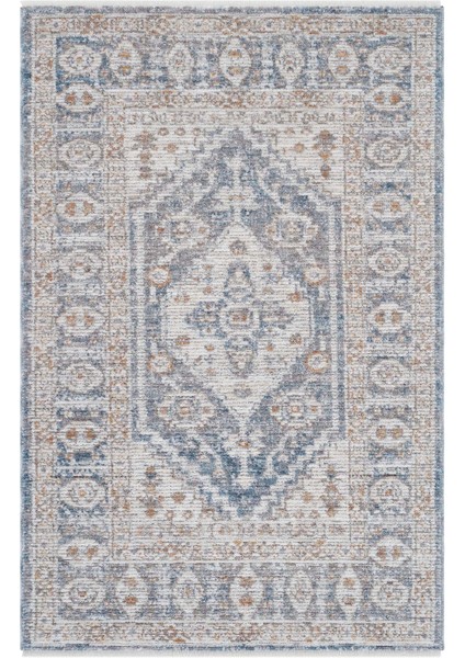 Belina Krem Mavi Salon Halısı Etnik Vintage Klasik Göbekli Bukle Salon Oturma Odası Halısı