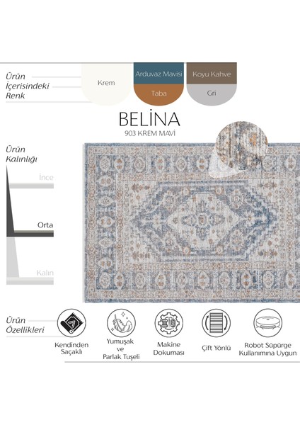 Belina Krem Mavi Salon Halısı Etnik Vintage Klasik Göbekli Bukle Salon Oturma Odası Halısı modelleri