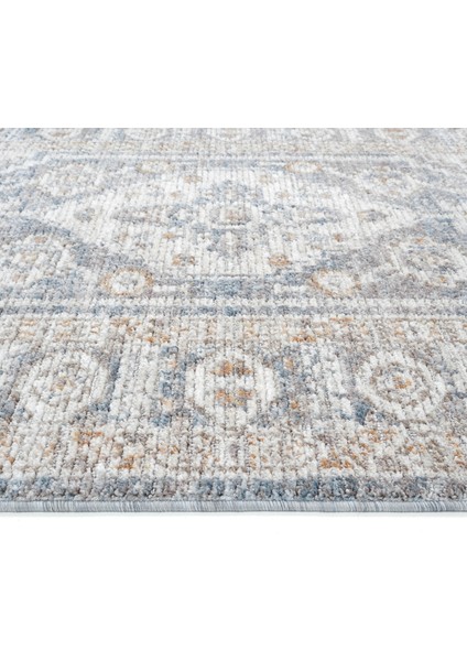 Belina Krem Mavi Salon Halısı Etnik Vintage Klasik Göbekli Bukle Salon Oturma Odası Halısı