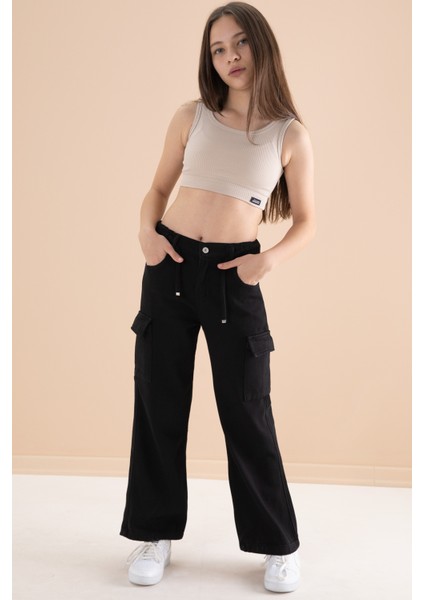 Siyah Geniş Paça Beli Bağcıklı Kız Çocuk Kargo Cepli Jean Pantolon 20132