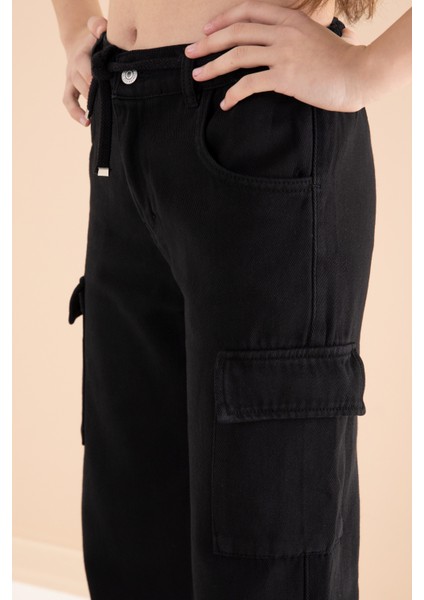 Siyah Geniş Paça Beli Bağcıklı Kız Çocuk Kargo Cepli Jean Pantolon 20132 fiyatları