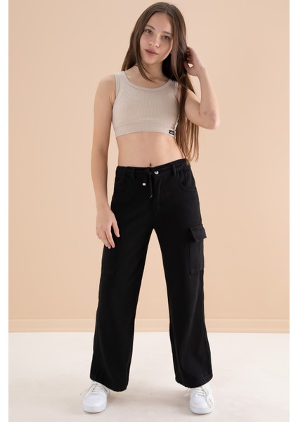 Siyah Geniş Paça Beli Bağcıklı Kız Çocuk Kargo Cepli Jean Pantolon 20132 modelleri
