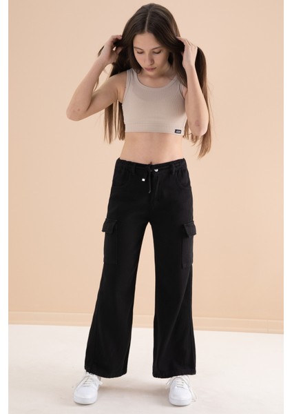 Siyah Geniş Paça Beli Bağcıklı Kız Çocuk Kargo Cepli Jean Pantolon 20132 fırsatları