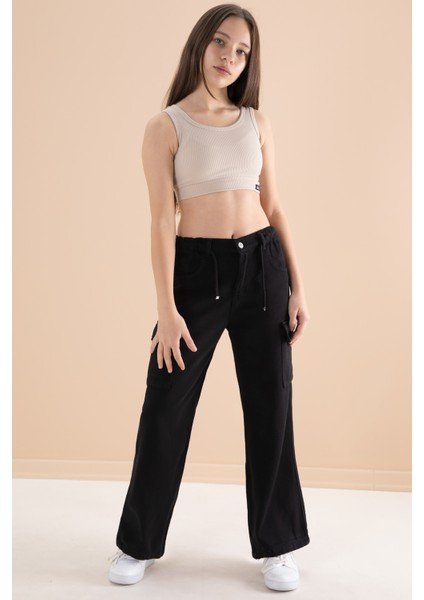 Siyah Geniş Paça Beli Bağcıklı Kız Çocuk Kargo Cepli Jean Pantolon 20132 indirimleri