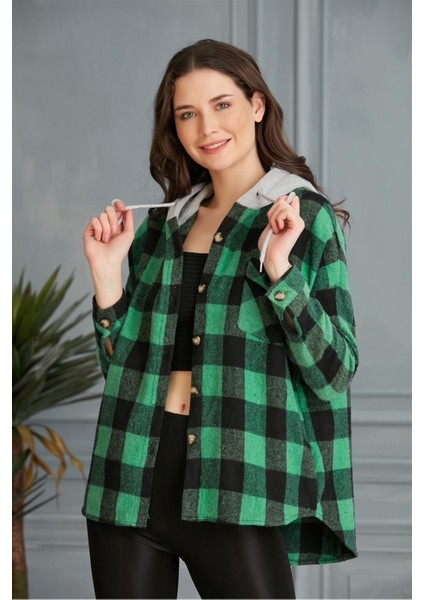 Kadın Çok Renkli Yeşil Oduncu Oversize Ceket Gömlek