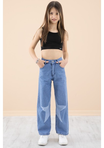 Mavi Yıldız Desenli Kız Çocuk Geniş Paça Jean Pantolon 20273
