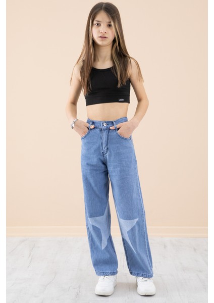 Mavi Yıldız Desenli Kız Çocuk Geniş Paça Jean Pantolon 20273 modelleri