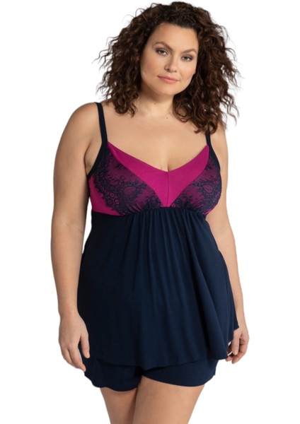 Kadın V Yaka Dantel Detay Askılı Şık Büyük Beden Curve Viskon Gecelik Bluz