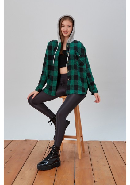 Kadın Desenli Renkli Oduncu Oversize Bol ve Geniş Kalıp Casual Çift Kapüşonlu Ceket Gömlek