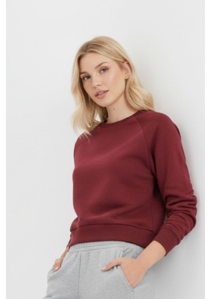 Bordo Kadın Crop Bisiklet Yaka Sweatshirt 9210M