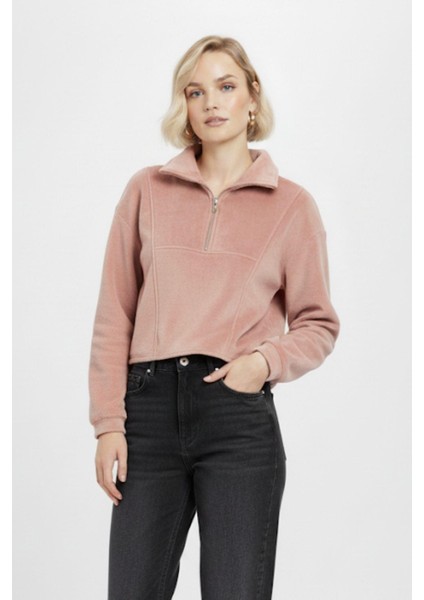 Pembe Kadın Peluş Yarım Fermuarlı Crop Sweatshirt 3056A