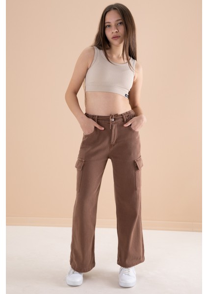 Kahverengi Geniş Paça Beli Bağcıklı Kız Çocuk Kargo Cepli Jean Pantolon 20135
