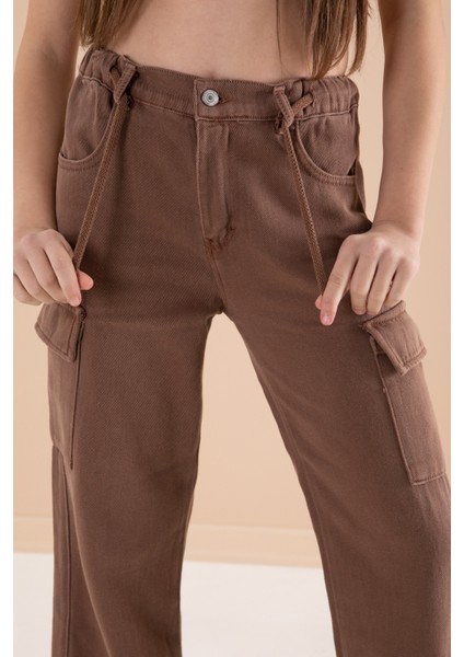 Kahverengi Geniş Paça Beli Bağcıklı Kız Çocuk Kargo Cepli Jean Pantolon 20135 modelleri