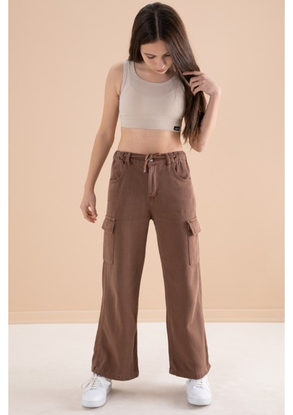 Kahverengi Geniş Paça Beli Bağcıklı Kız Çocuk Kargo Cepli Jean Pantolon 20135 fırsatları