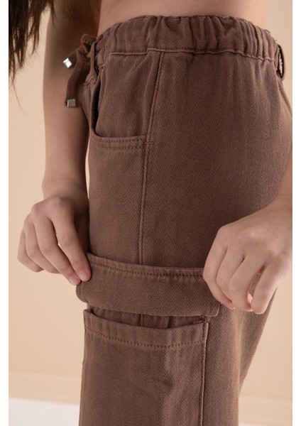 Kahverengi Geniş Paça Beli Bağcıklı Kız Çocuk Kargo Cepli Jean Pantolon 20135 indirimleri