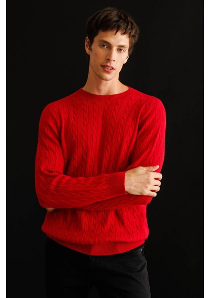 Erkek Sıfır Yaka Saç Örgülü Kazak K.kırmızı modelleri