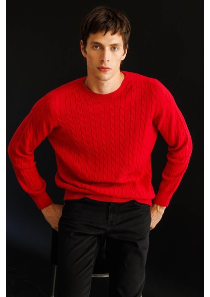Erkek Sıfır Yaka Saç Örgülü Kazak K.kırmızı fırsatları