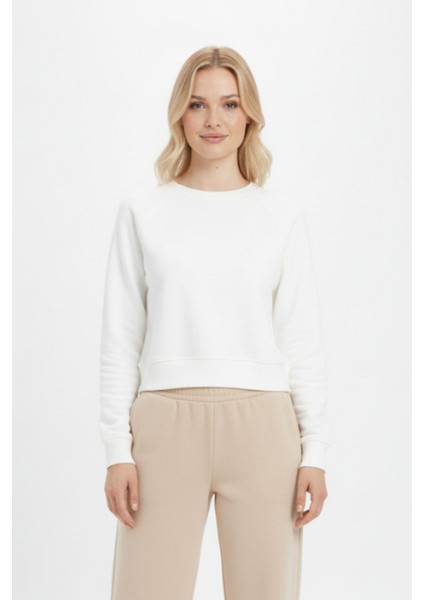 Ekru Kadın Crop Bisiklet Yaka Sweatshirt 9210M