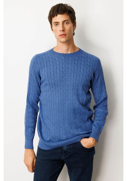 Erkek Sıfır Yaka Saç Örgülü Kazak Indigo