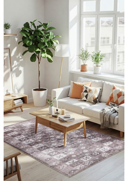 Stonart Eskitme Vintage Desenli Kahverengi Otantik Yıkanabilir Şönil Halı Al 462