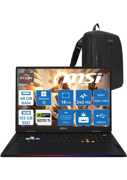 Msı Raıder A18 Hx A9WHG-266TR Amd Ryzen 9-9955HX3D Aı 48GB 512GB SSD RTX5070 Ti 12GB 140W 18 Inç 2k Qhd+ 240Hz IPS WINDOWS11PRO Gaming Laptop ZW266TRP17+ZETTAÇANTA