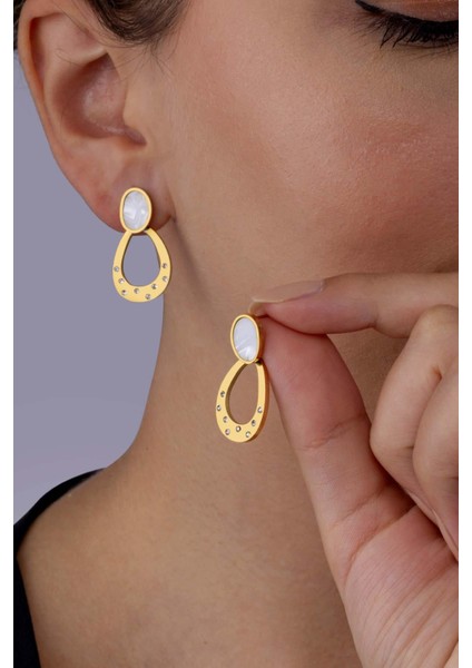 Sedef Taşlı Su Damlası Altın Kaplama Çelik Kadın Küpe