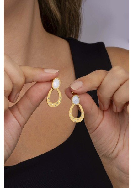 Sedef Taşlı Su Damlası Altın Kaplama Çelik Kadın Küpe modelleri