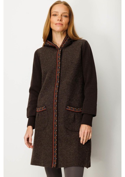 Kadın Kapüşonlu Önü Keçe Yün Kaban K.kahve