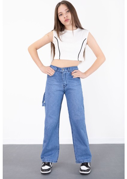 Mavi Geniş Paça Beli Lastikli Kız Çocuk Jean Pantolon 20496