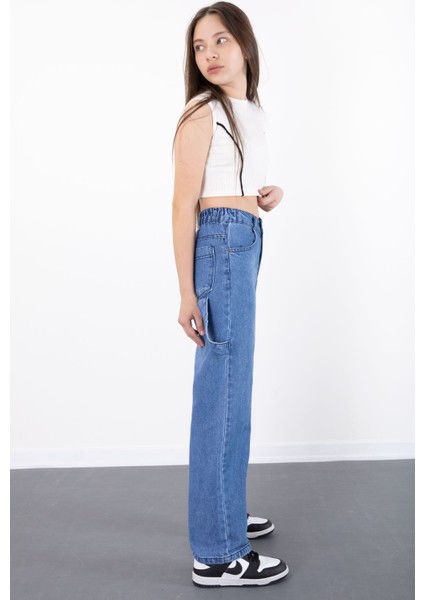Mavi Geniş Paça Beli Lastikli Kız Çocuk Jean Pantolon 20496 modelleri