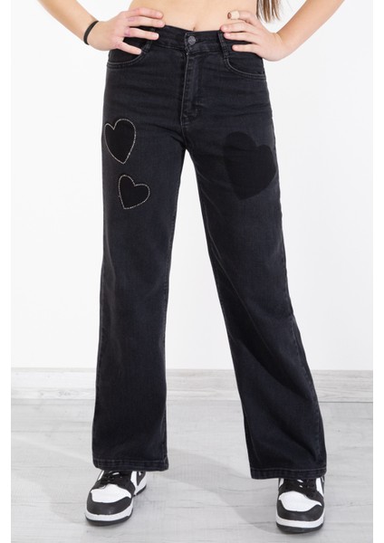 Siyah Beli Lastikli Geniş Paça Kalp Desenli Kız Çocuk Jean Pantolon 20407 fiyatları
