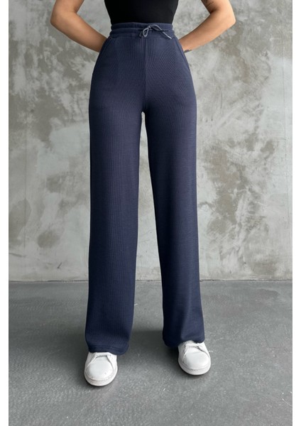 Kadın Yeni Sezon Bol Paça Fitilli Kumaş Bel Lastikli Mevsimlik Pantolon Koyu Lacivert / Xl