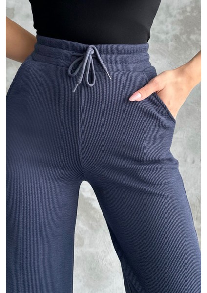 Kadın Yeni Sezon Bol Paça Fitilli Kumaş Bel Lastikli Mevsimlik Pantolon Koyu Lacivert / Xl fiyatları