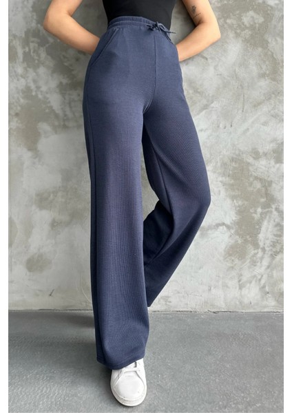 Kadın Yeni Sezon Bol Paça Fitilli Kumaş Bel Lastikli Mevsimlik Pantolon Koyu Lacivert / Xl fırsatları