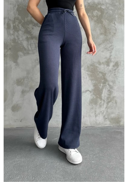 Kadın Yeni Sezon Bol Paça Fitilli Kumaş Bel Lastikli Mevsimlik Pantolon Koyu Lacivert / Xl