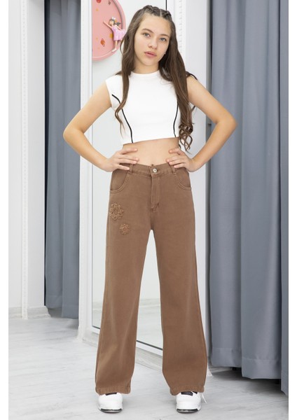 Kahverengi Nakış Detay Geniş Paça Kız Çocuk Jean Pantolon 20298