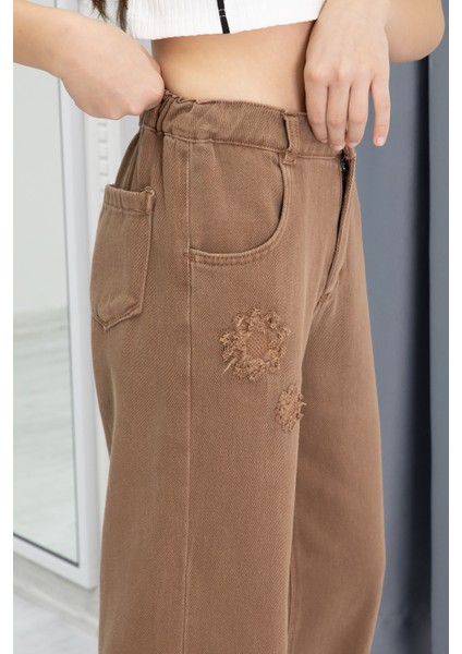 Kahverengi Nakış Detay Geniş Paça Kız Çocuk Jean Pantolon 20298 fiyatları