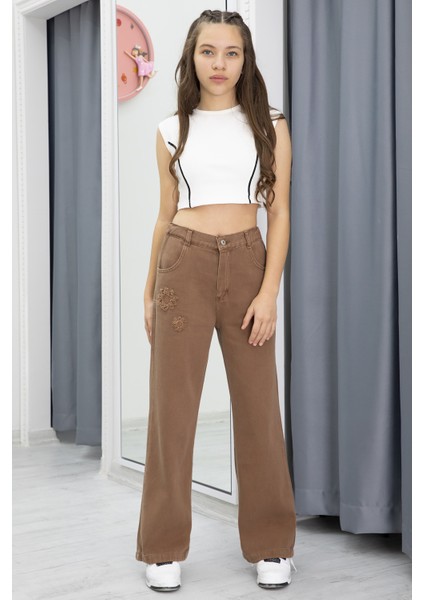 Kahverengi Nakış Detay Geniş Paça Kız Çocuk Jean Pantolon 20298 modelleri