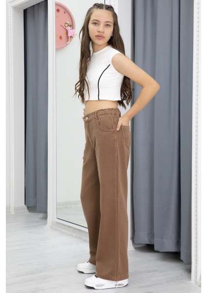 Kahverengi Nakış Detay Geniş Paça Kız Çocuk Jean Pantolon 20298 fırsatları