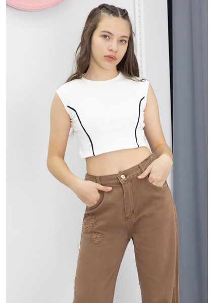 Kahverengi Nakış Detay Geniş Paça Kız Çocuk Jean Pantolon 20298 indirimleri