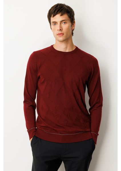 Erkek Sıfır Yaka Çizgili Baklavalı Yün Kazak Bordo