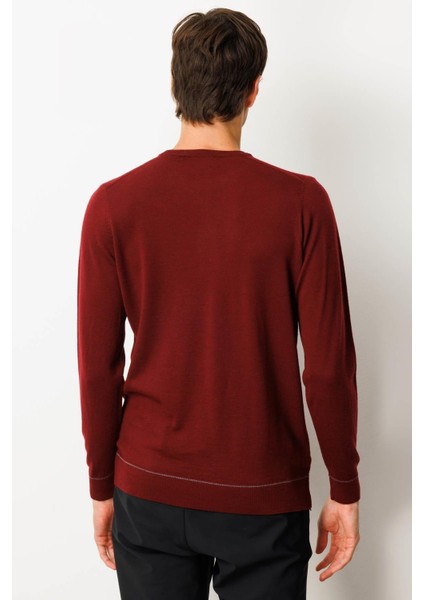 Erkek Sıfır Yaka Çizgili Baklavalı Yün Kazak Bordo modelleri