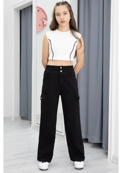 Siyah Yüksek Bel Kargo Cep Kız Çocuk Jean Pantolon 20301 fiyatları