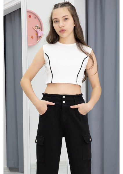 Siyah Yüksek Bel Kargo Cep Kız Çocuk Jean Pantolon 20301 modelleri