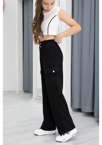 Siyah Yüksek Bel Kargo Cep Kız Çocuk Jean Pantolon 20301 fırsatları