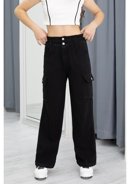 Siyah Yüksek Bel Kargo Cep Kız Çocuk Jean Pantolon 20301 indirimleri