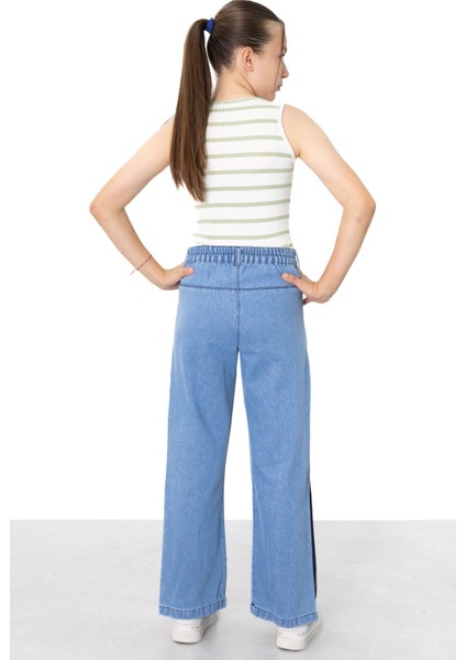 Mavi Geniş Paça Yanları Şeritli Kız Çocuk Jean Pantolon 21124 fırsatları
