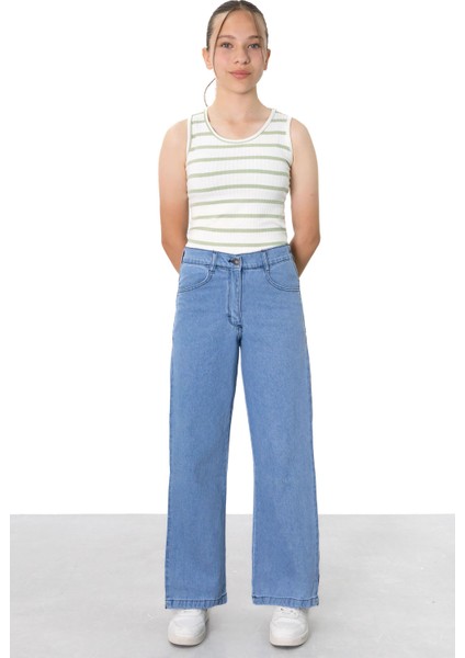 Mavi Geniş Paça Yanları Şeritli Kız Çocuk Jean Pantolon 21124