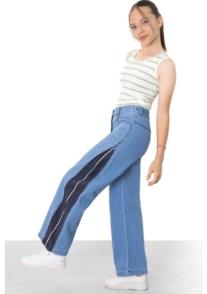 Mavi Geniş Paça Yanları Şeritli Kız Çocuk Jean Pantolon 21124 modelleri
