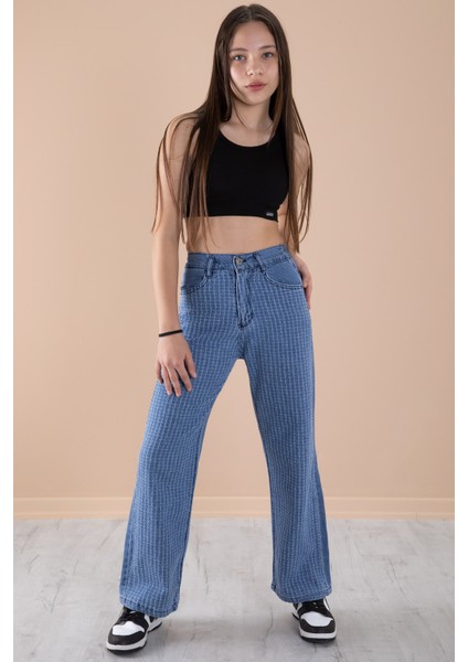 Mavi Geniş Paça Desenli Kız Çocuk Beli Lastikli Jean Pantolon 20274